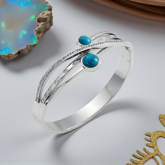 🆕️18K Gold Plated Turquoise & Zirconia Bangle Bracelet | Dainty Elegant & Chic✨ - Picture 11 of 16